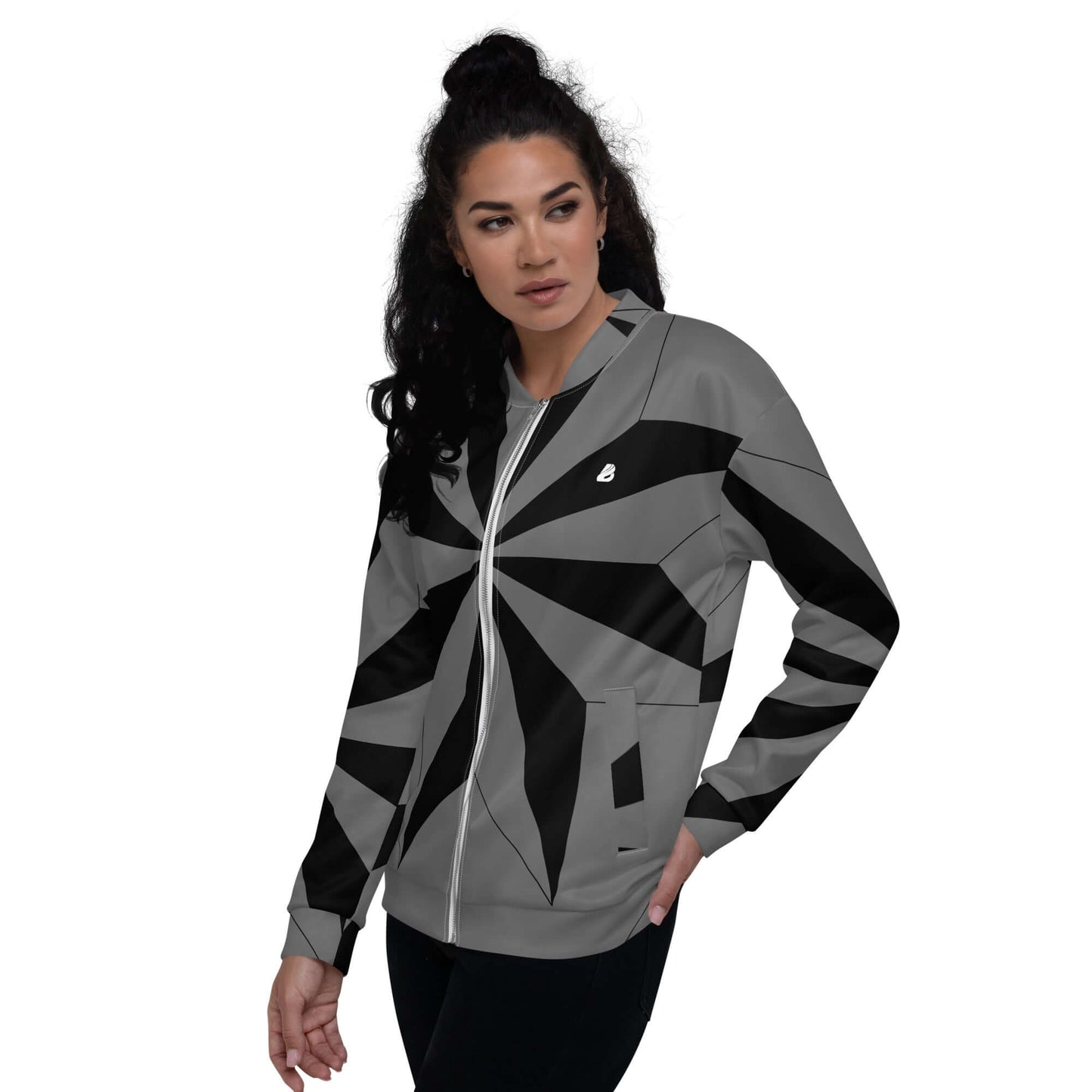 Unisex Bomberjacke N°41 in gray with black geometric design, perfect for layering over a T-shirt or hoodie, showcasing modern style.