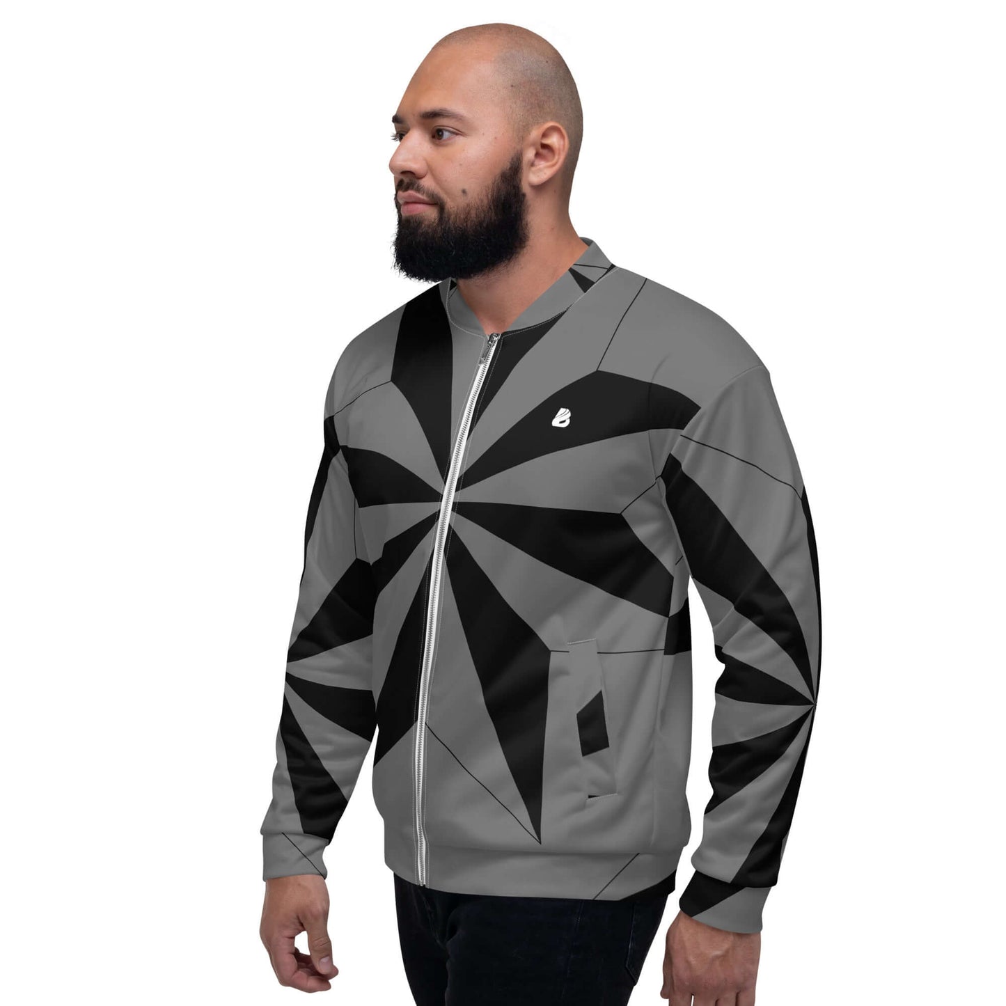 Model wearing Unisex Bomberjacke N°41 with geometric black design, stylish and versatile for any outfit.