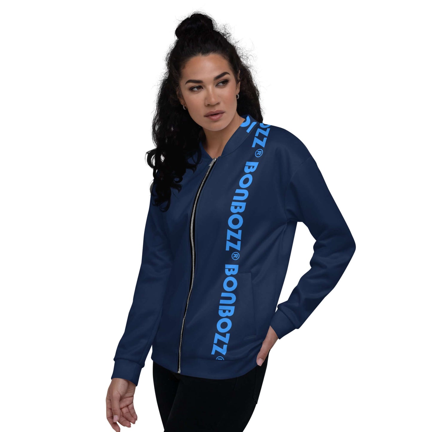 Model wearing the stylish Unisex Bomberjacke N°42, featuring a blue design with logo accents on the sleeves, perfect for any outfit.