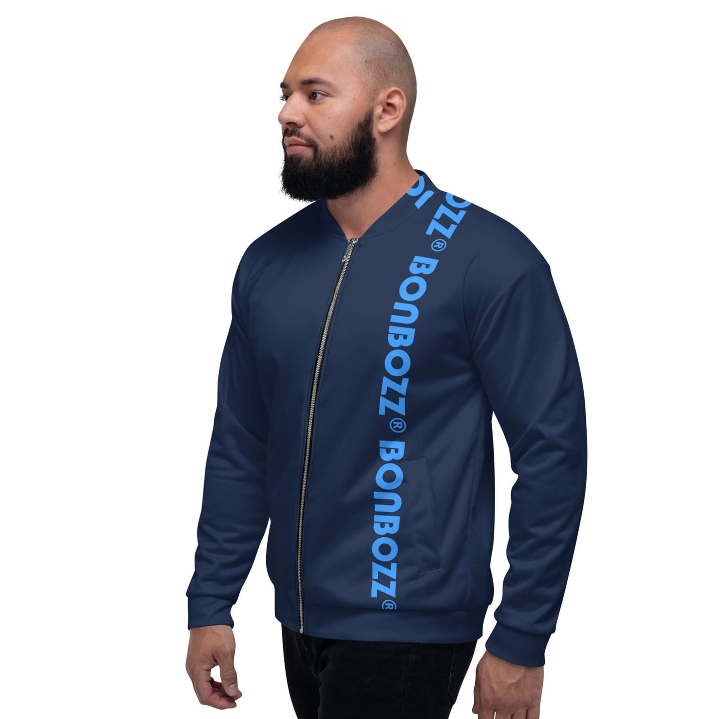 Unisex Bomberjacke N°42 in navy blue with zipper and logo detail, modeled to showcase the versatile style.