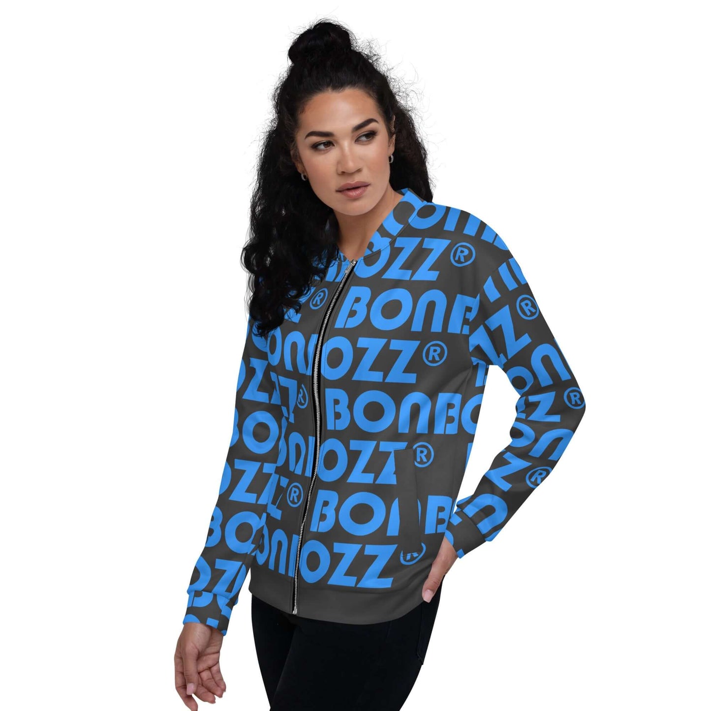 Woman wearing Unisex Bomberjacke N°43 with blue pattern design, perfect for stylish and versatile outfits, featuring a soft fleece interior.