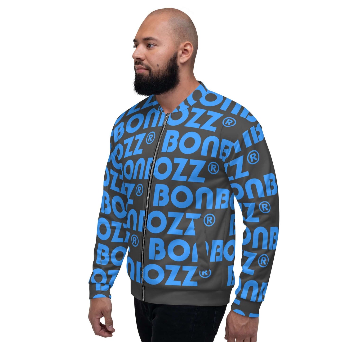 Model wearing Unisex Bomberjacke N°43 with blue and black pattern, showcasing stylish outerwear fashion.