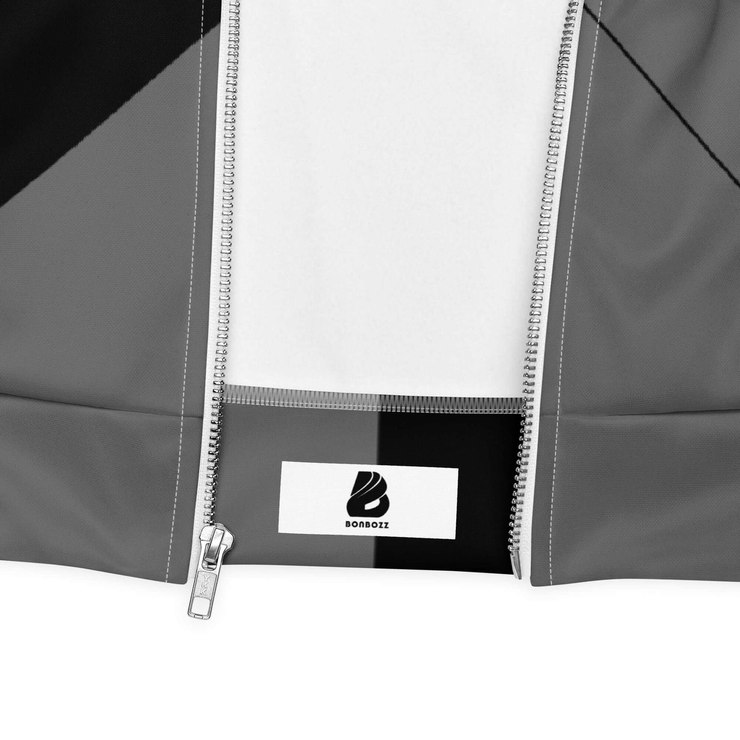 Close-up of Unisex Bomberjacke N°41 zipper detail showcasing unique design, perfect for layering with T-shirts or hoodies.