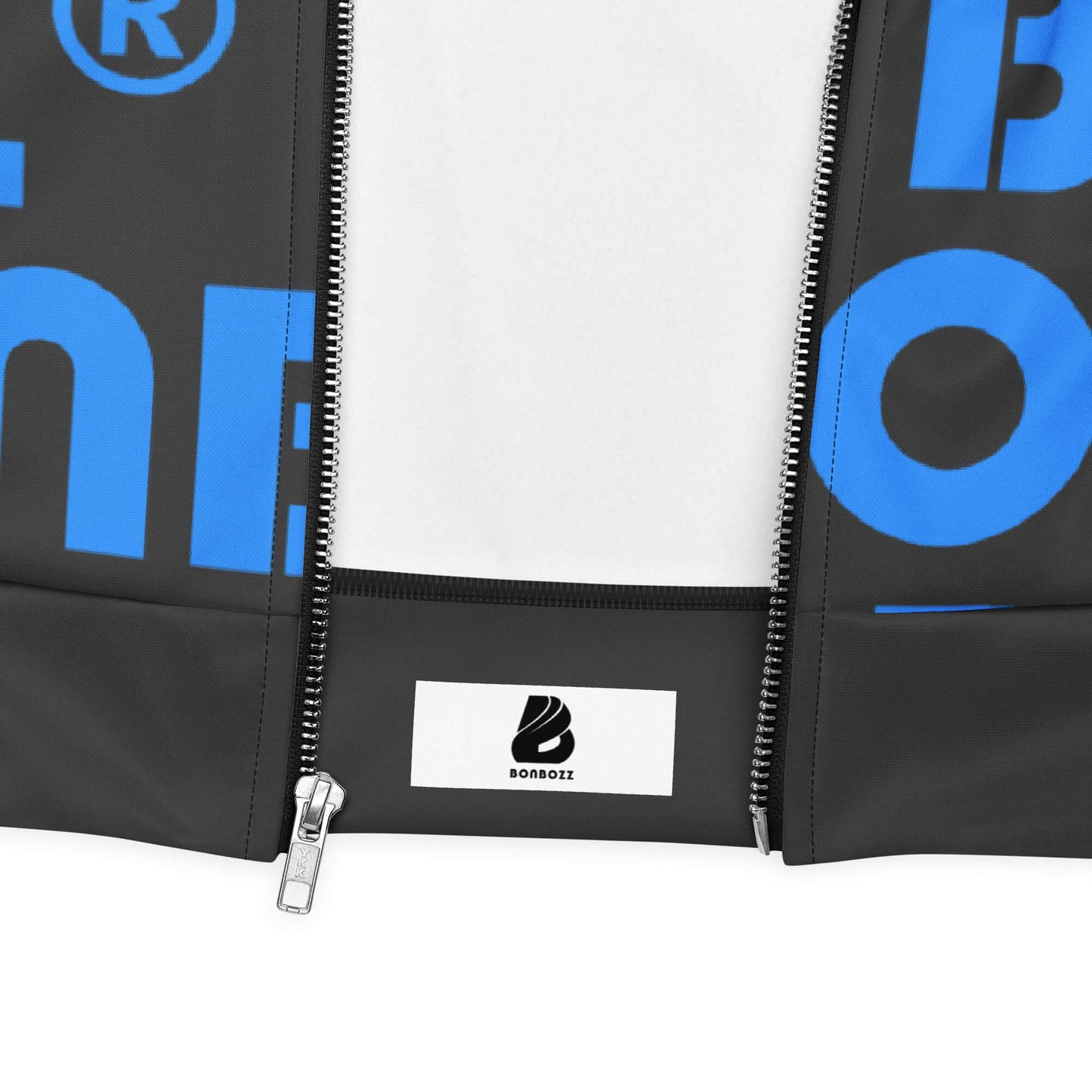 Close-up of Unisex Bomberjacke N°43 showing zipper detail and blue graphic print on dark fabric.
