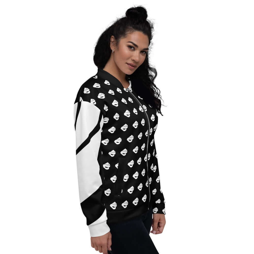 Unisex Bomberjacke N°1 with black and white patterned design shown worn by a model, highlighting its stylish and versatile look.