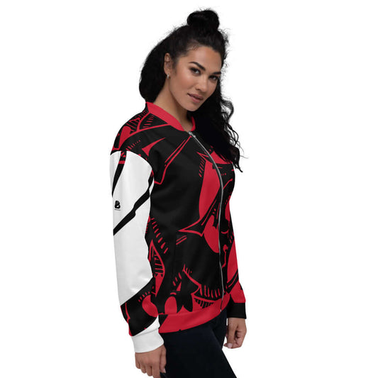 Model wearing the Unisex Bomberjacke N°4 with vibrant red and black pattern, perfect for casual outfits.