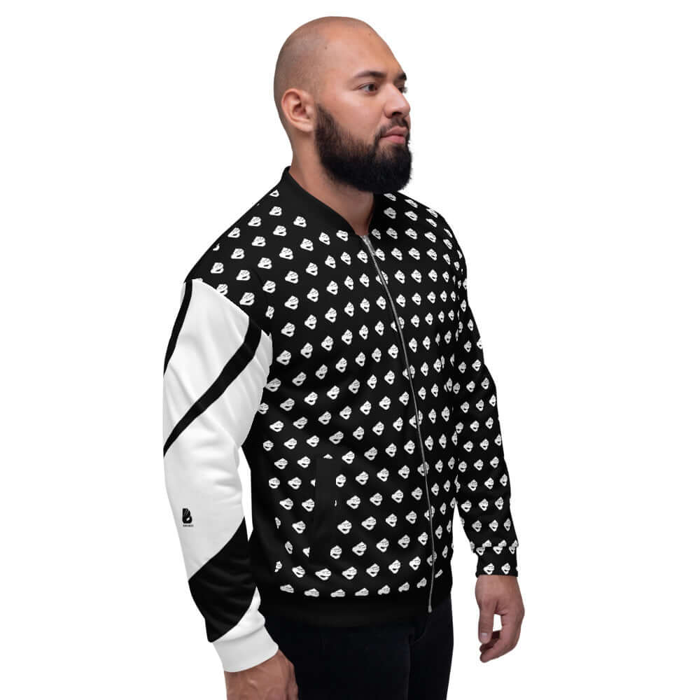 Model wearing Unisex Bomberjacke N°7 with black and white pattern