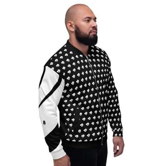 Model wearing Unisex Bomberjacke N°7 with black and white pattern