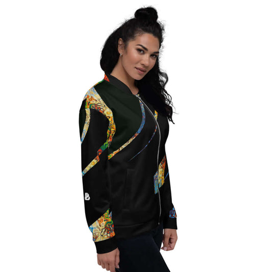 Model wearing Unisex Bomberjacke N°12 with colorful patterns, showcasing stylish design and comfortable fit.