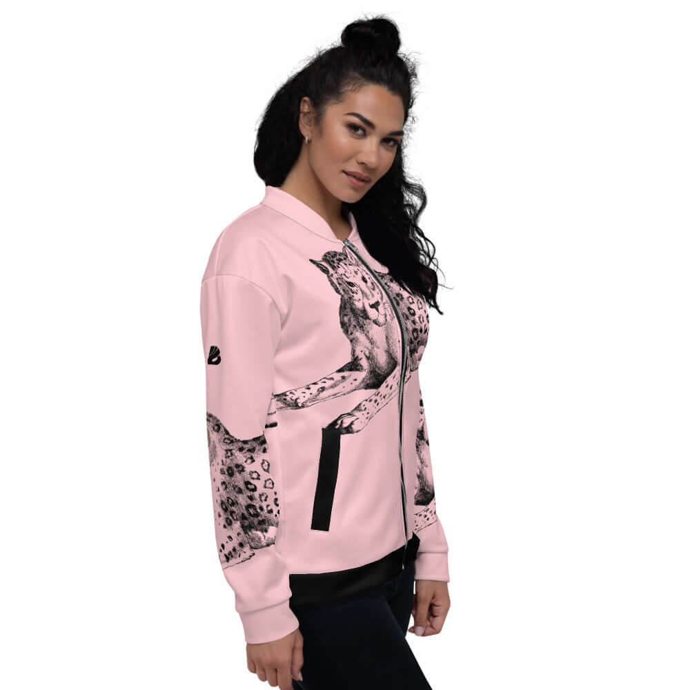 Model wearing Unisex Bomberjacke N°13 with pink leopard print design and relaxed fit.