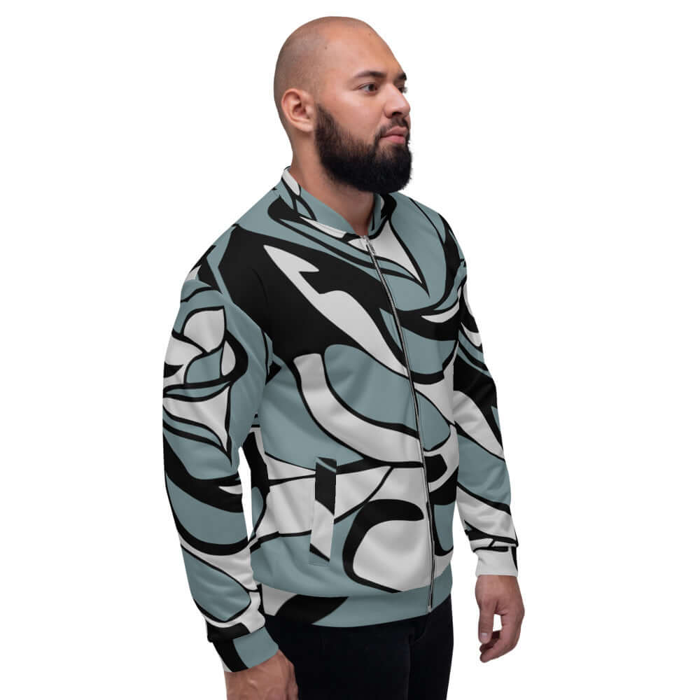 Unisex Bomberjacke N°18 in abstract print design, modeled by male with black and white graphic pattern, fleece inside, casual style.