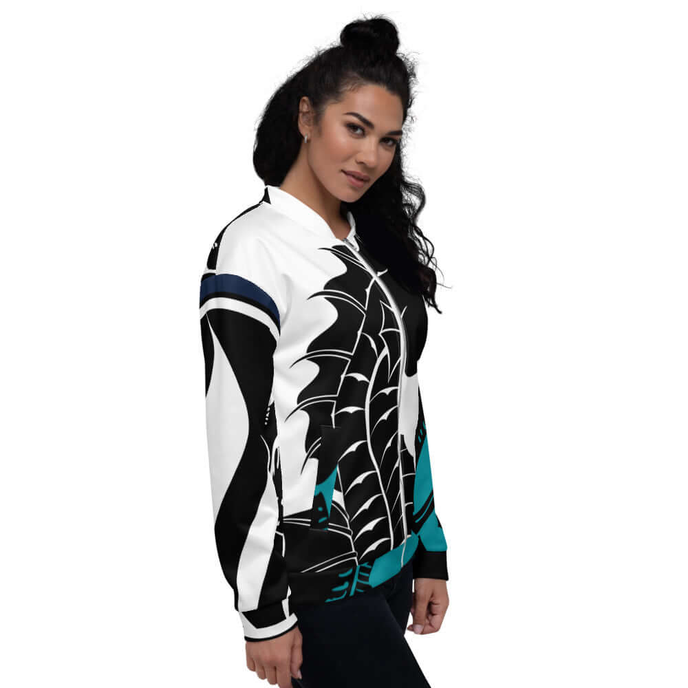 Model wearing Unisex Bomberjacke N°29 with all-over graphic design and fleece interior for casual outfits.