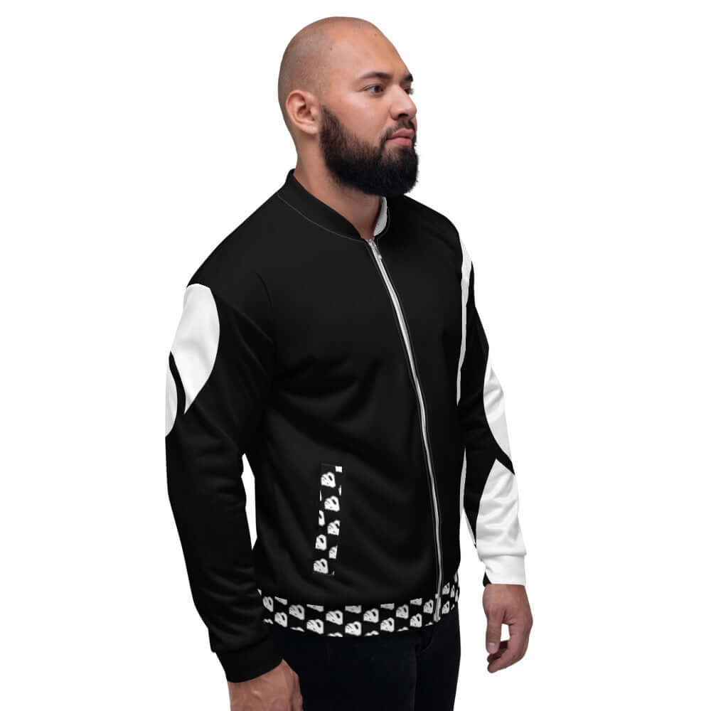 Model wearing Unisex Bomberjacke N°30, black with white accents, fleece interior, loose unisex fit, versatile stylish outfit piece