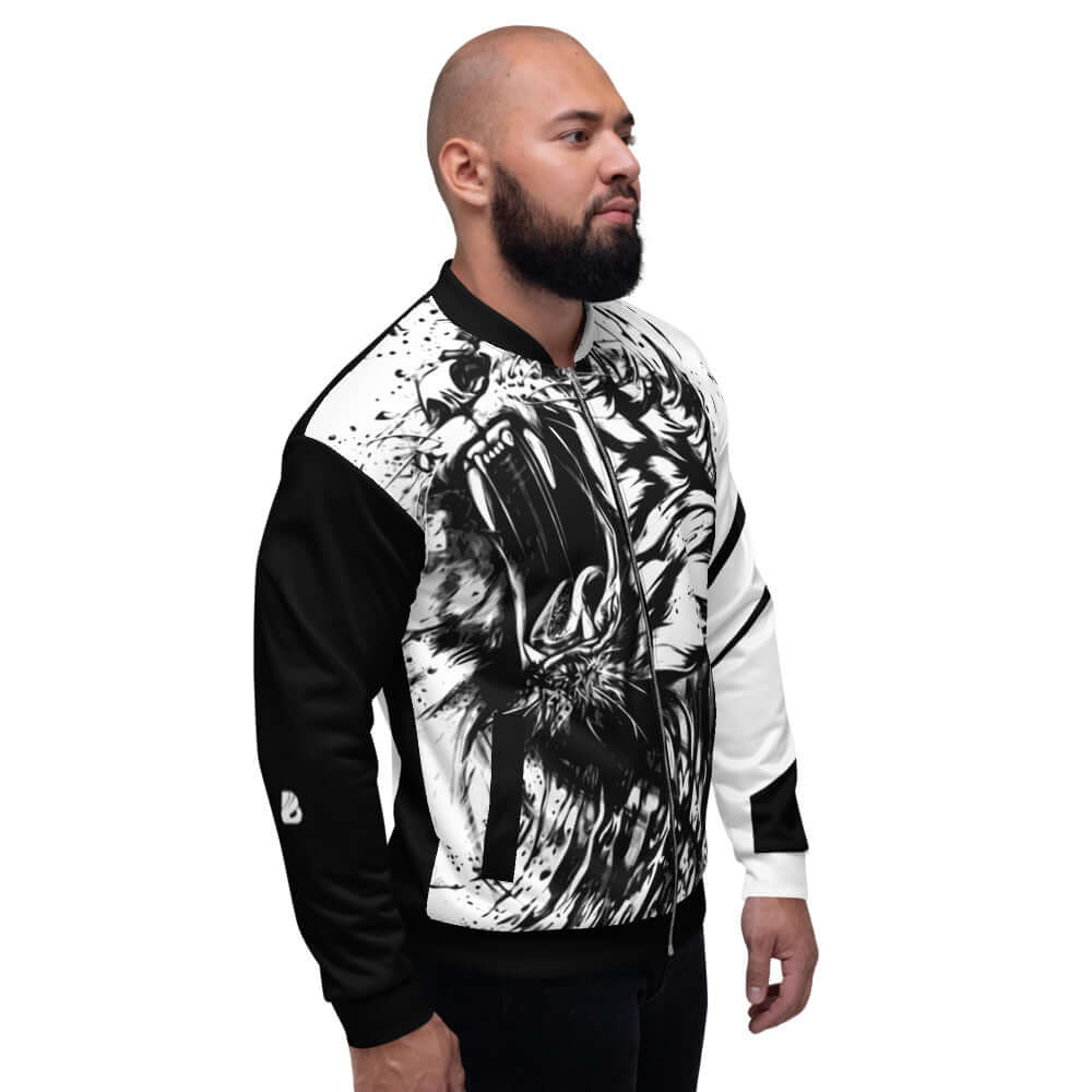 Man wearing Unisex Bomberjacke N°31 with graphic design, showing black and white animal print, highlighting modern style.