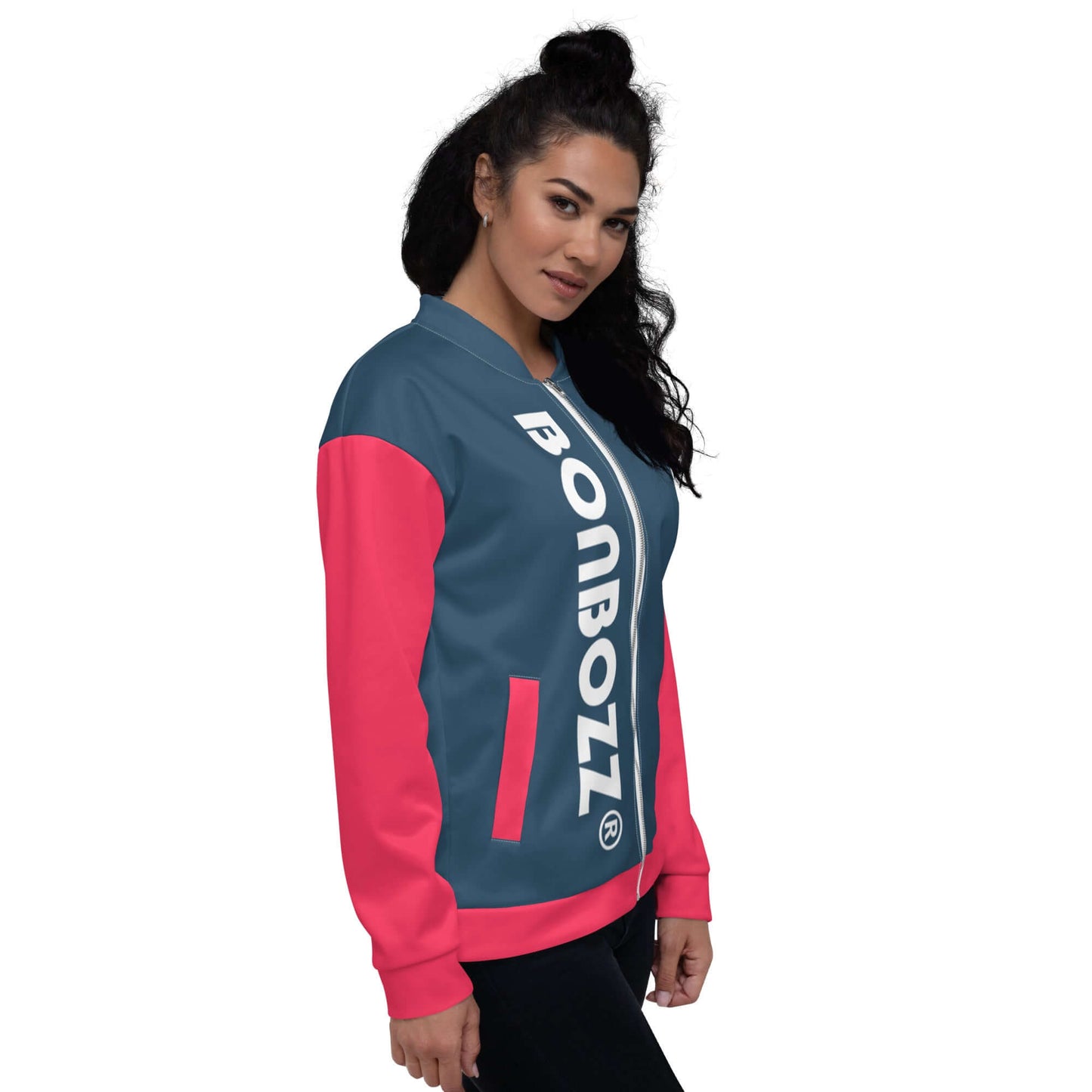 Model wearing Unisex Bomberjacke N°34 in colorful design, showcasing fleece interior and loose fit.