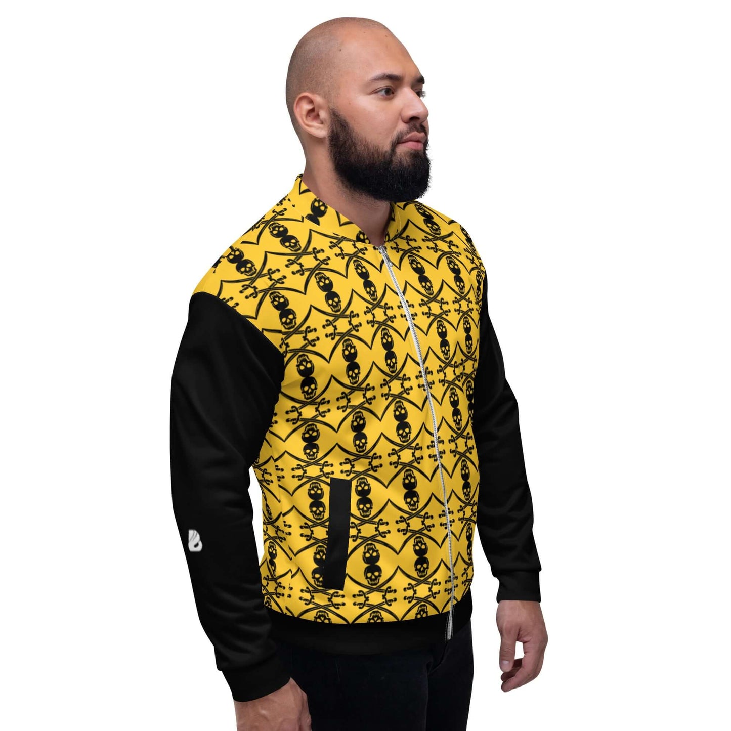 Man wearing vibrant Unisex Bomberjacke N°35 with black sleeves and yellow pattern, perfect for casual and stylish looks.