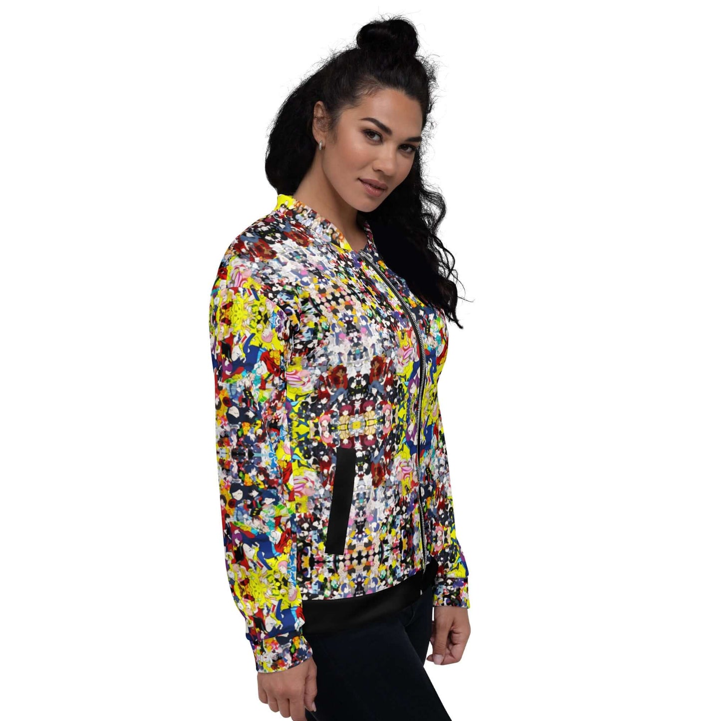 Model wearing Unisex Bomberjacke N°38 with colorful print and relaxed fit, highlighting its versatile style and comfortable fleece interior.