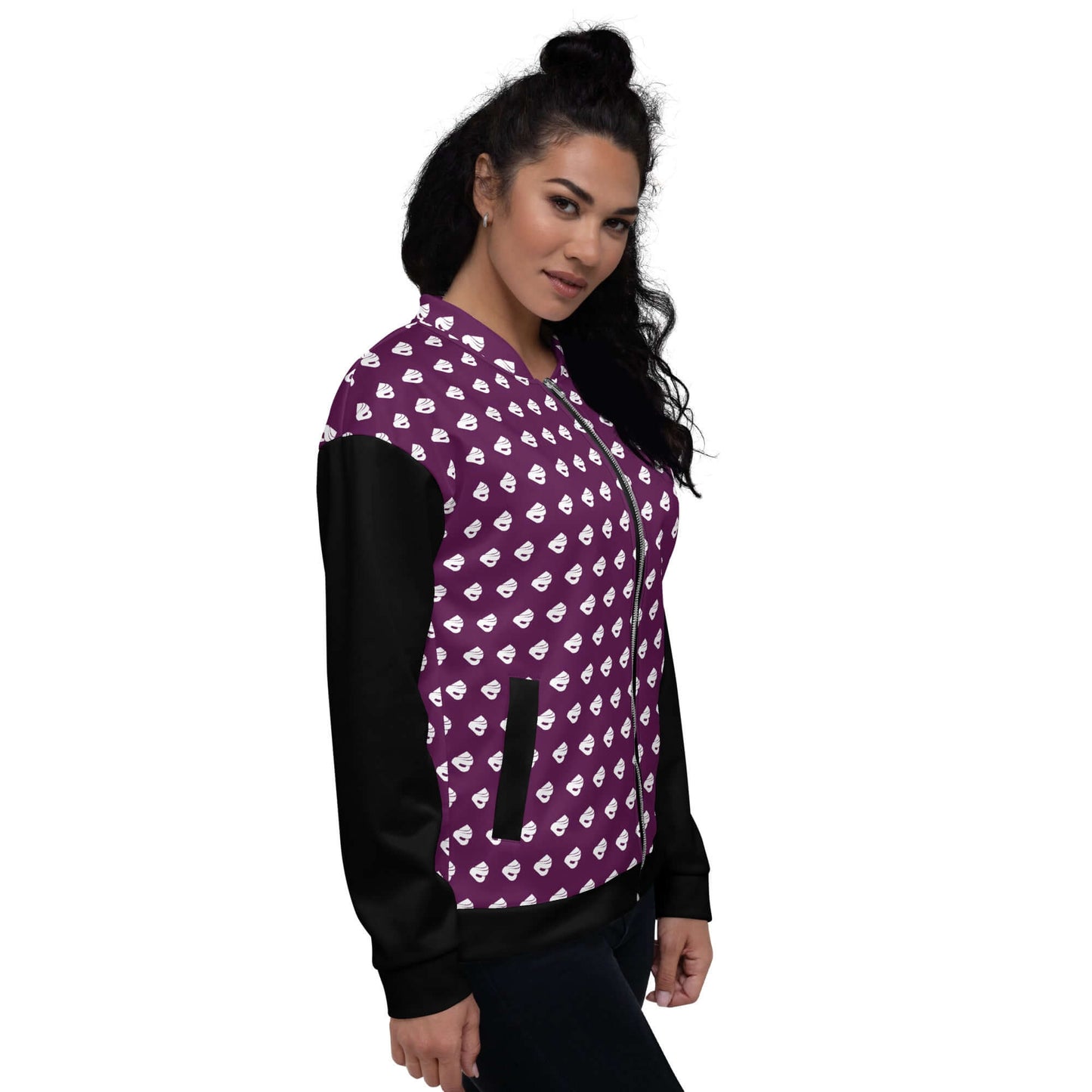 Woman wearing Unisex Bomberjacke N°39 with purple pattern and black sleeves, perfect for enhancing any outfit.