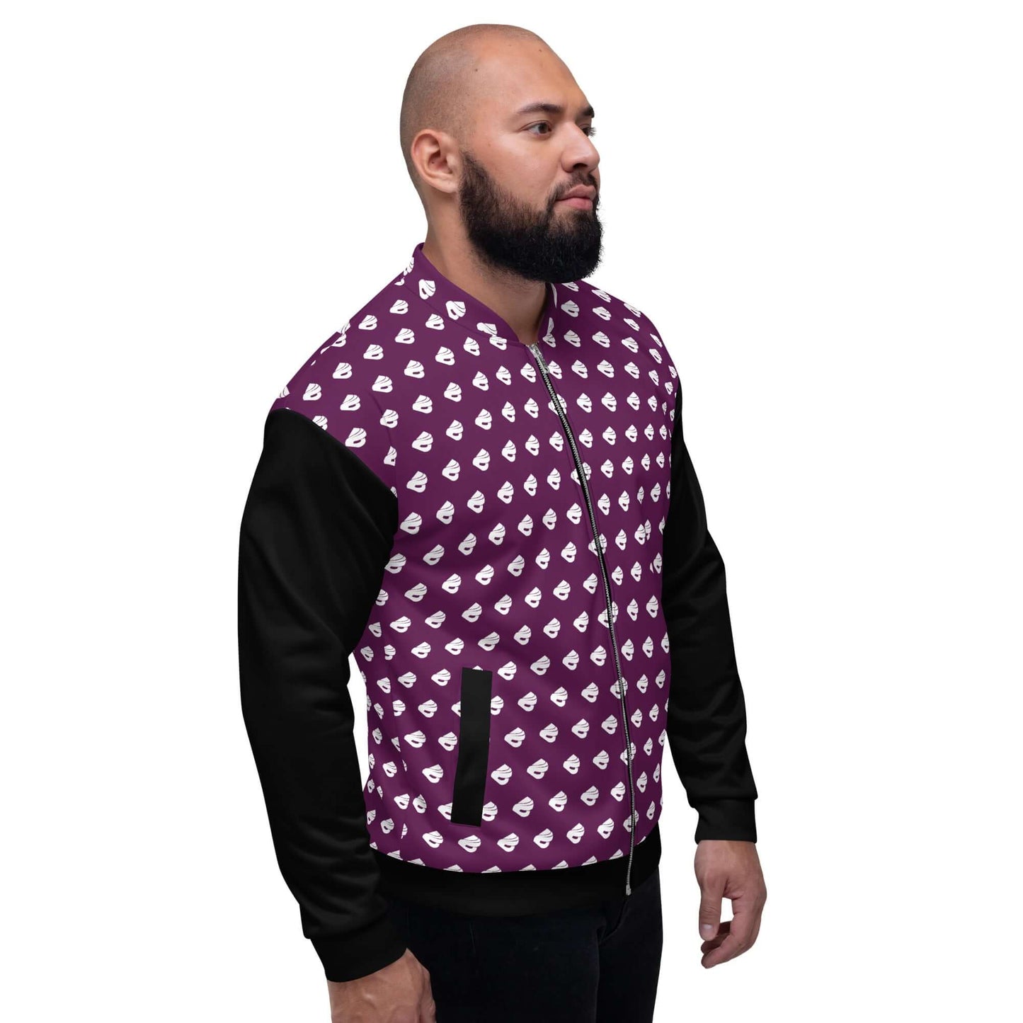 Model wearing Unisex Bomberjacke N°39 with patterned design and black sleeves, showcasing versatile unisex fashion style.