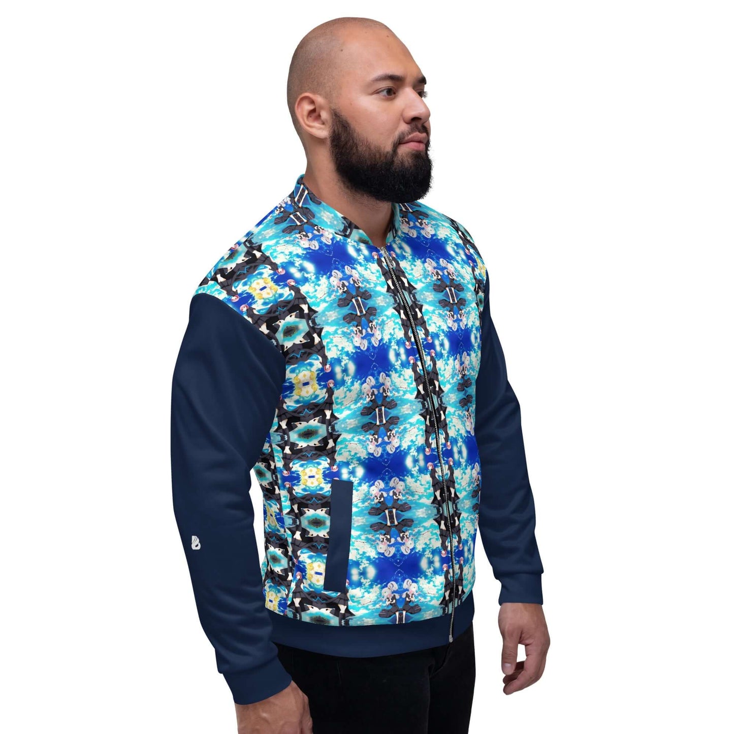 Man wearing a blue patterned Unisex Bomberjacke N°40 with fleece lining and relaxed fit, perfect for layering over T-shirts or sweaters.
