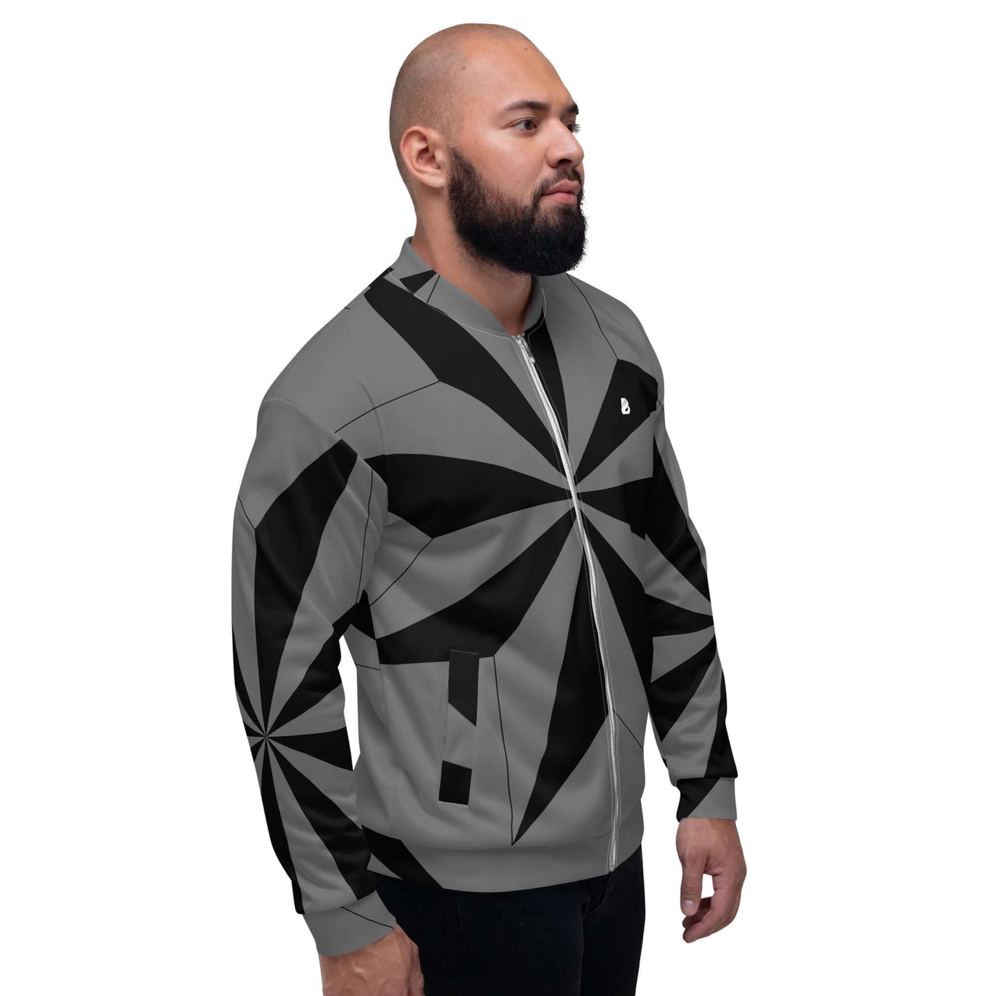 Unisex Bomberjacke N°41 with bold black and gray pattern worn by a model standing sideways