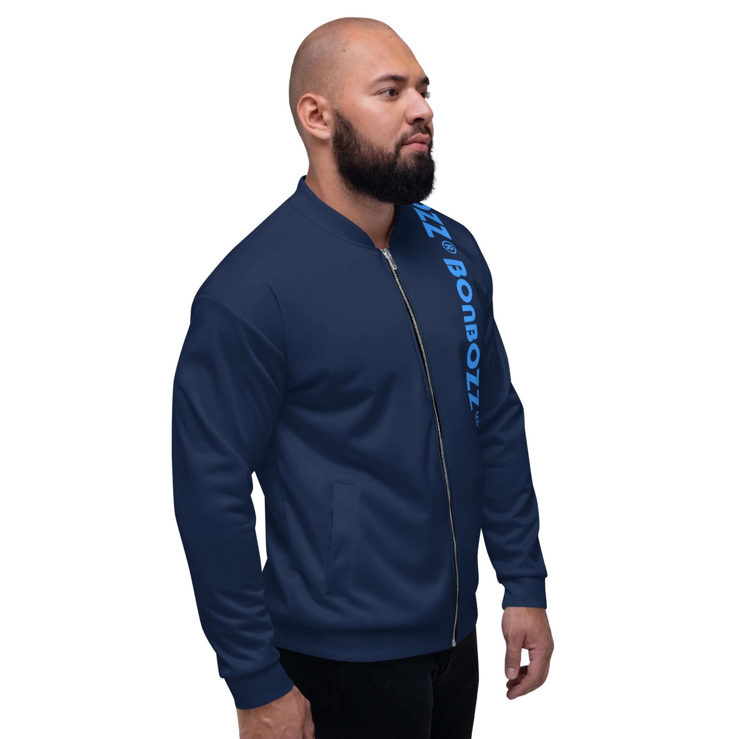 Model wearing navy Unisex Bomberjacke N°42 with blue logo, showcasing versatile casual style.