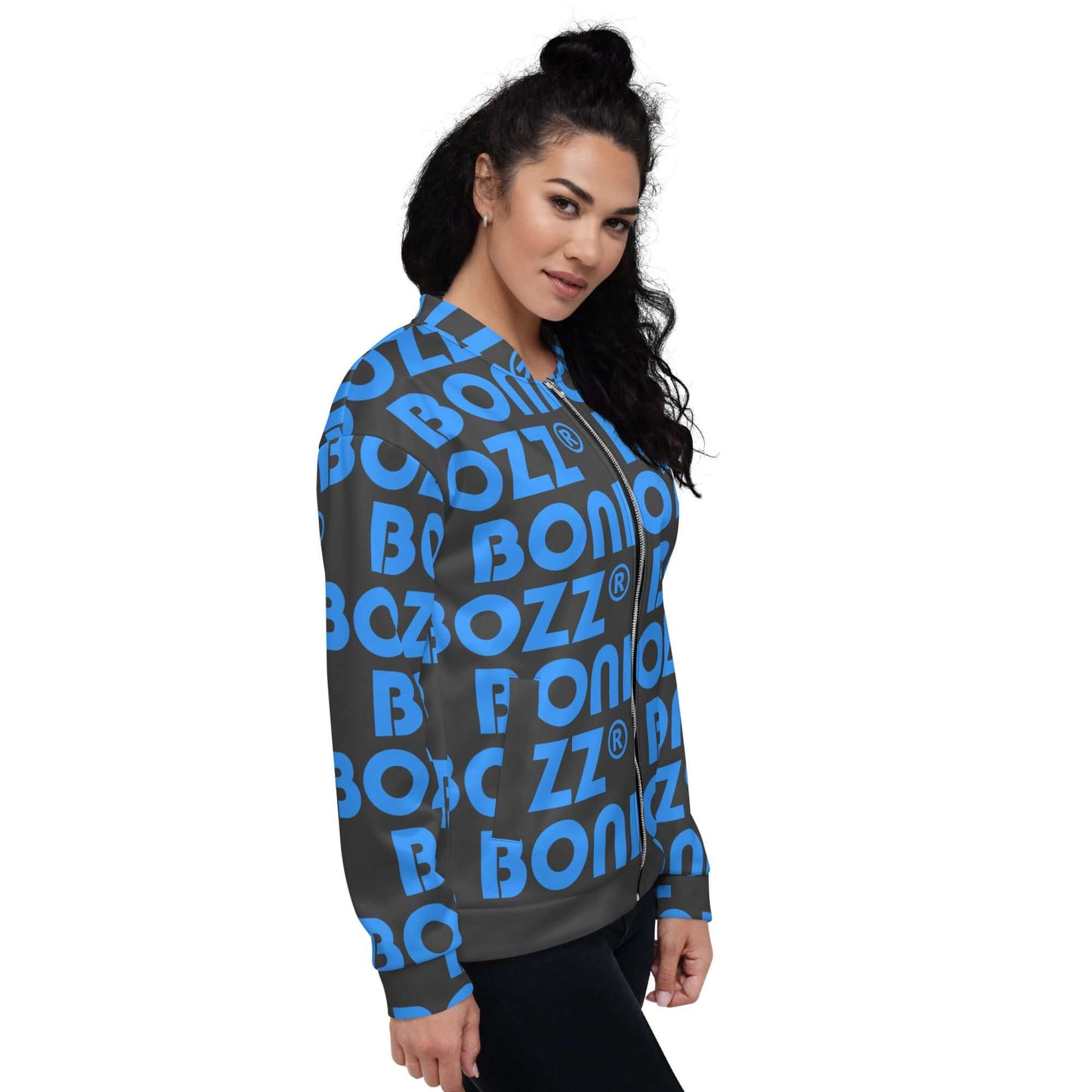 Model wearing modern Unisex Bomberjacke N°43 with blue and black design, showcasing stylish and versatile fashion.