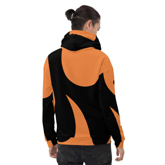 Unisex-Kapuzenpullover N°2 in orange and black, featuring soft exterior and brushed fleece interior for cozy comfort.