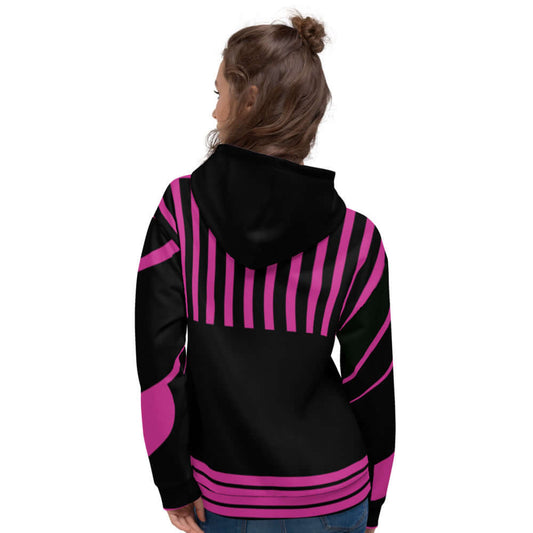 Woman wearing vibrant Unisex-Kapuzenpullover N°6 with pink and black striped design, showcasing back view for style and comfort appreciation.