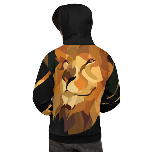 Person wearing Unisex-Kapuzenpullover N°10 with vibrant lion print on the back, featuring soft interior and loose fit for comfort.