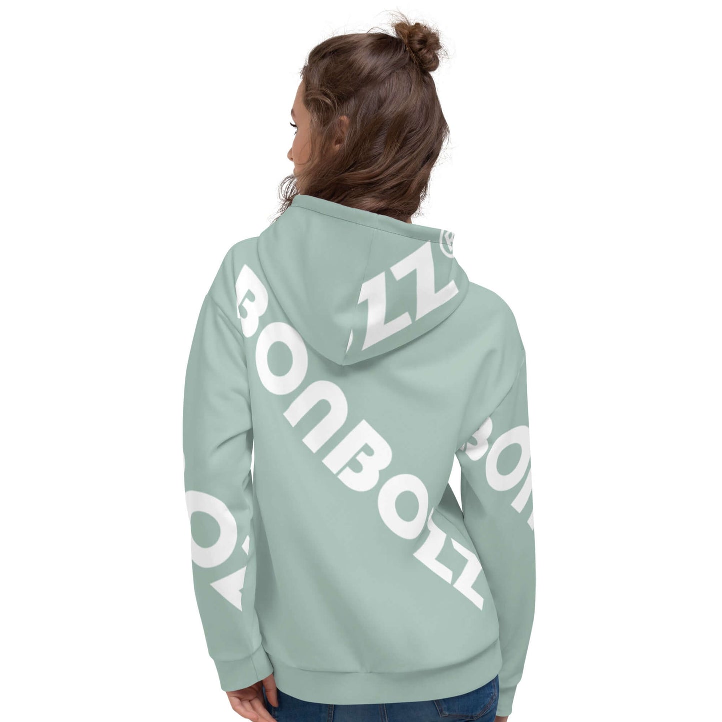 Woman wearing Unisex-Kapuzenpullover N°41 with soft fleece lining and vibrant print
