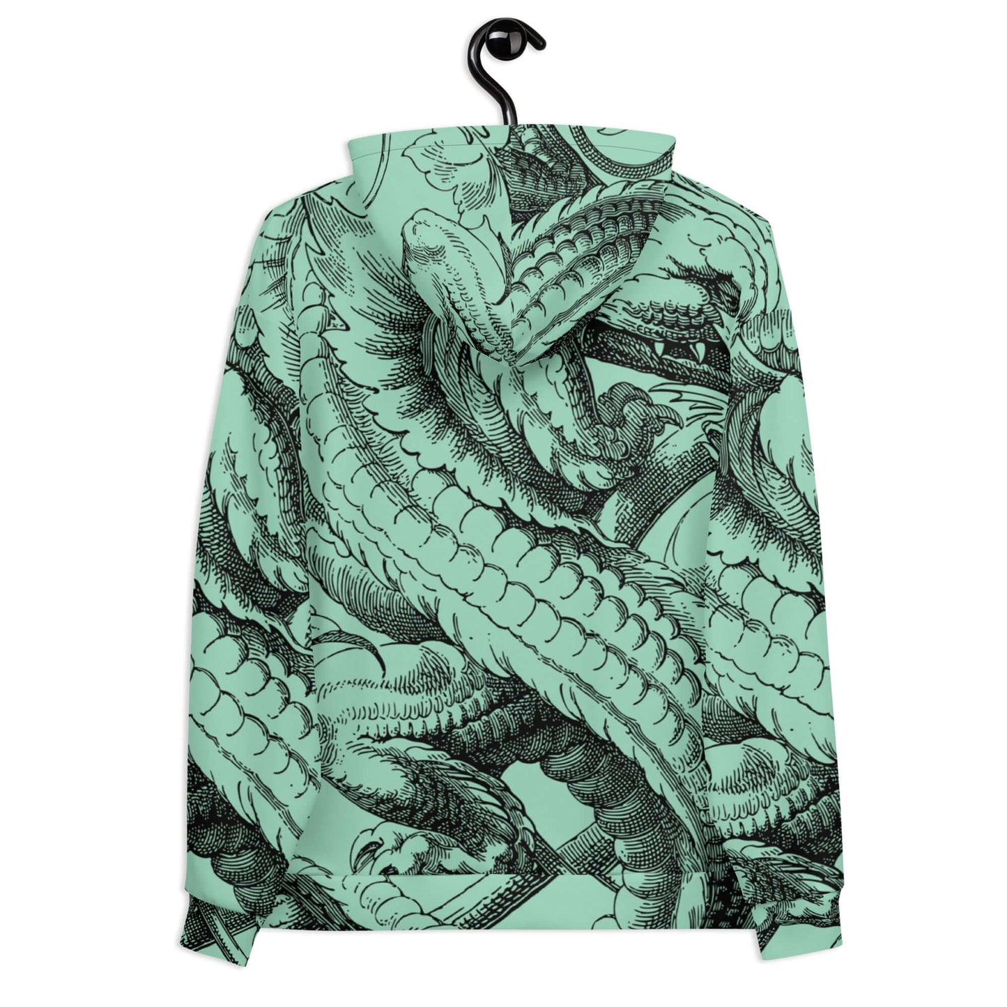 Unisex-Kapuzenpullover N°47 with vibrant print, soft exterior, and brushed fleece interior, displayed on a hanger.