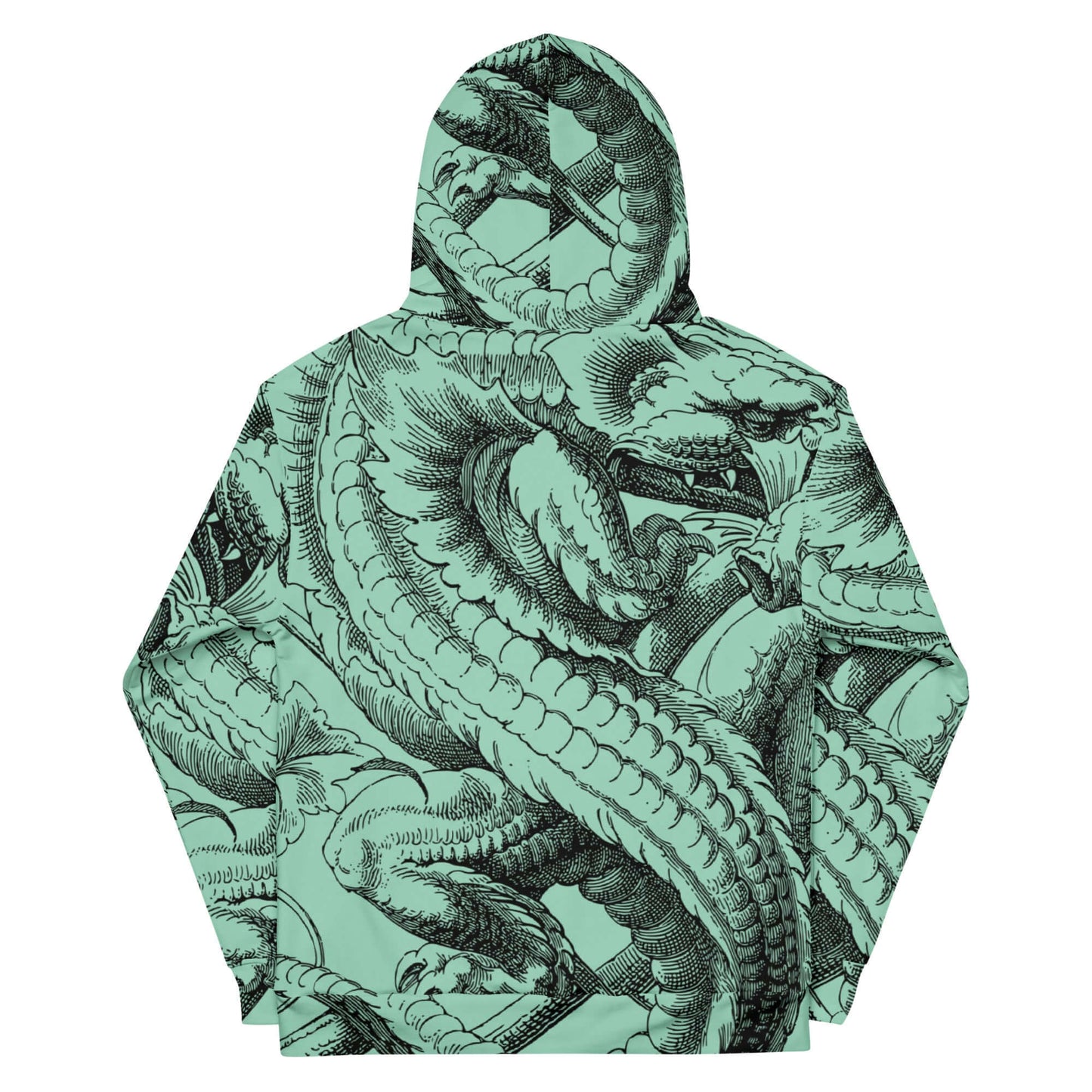 Unisex-Kapuzenpullover N°47 with vibrant dragon pattern design, soft exterior, brushed fleece interior for cozy cool evenings.