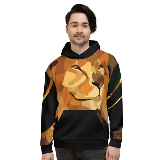 Unisex-Kapuzenpullover N°10 with a vibrant lion print on the front. Soft and cozy, perfect for chilly evenings.