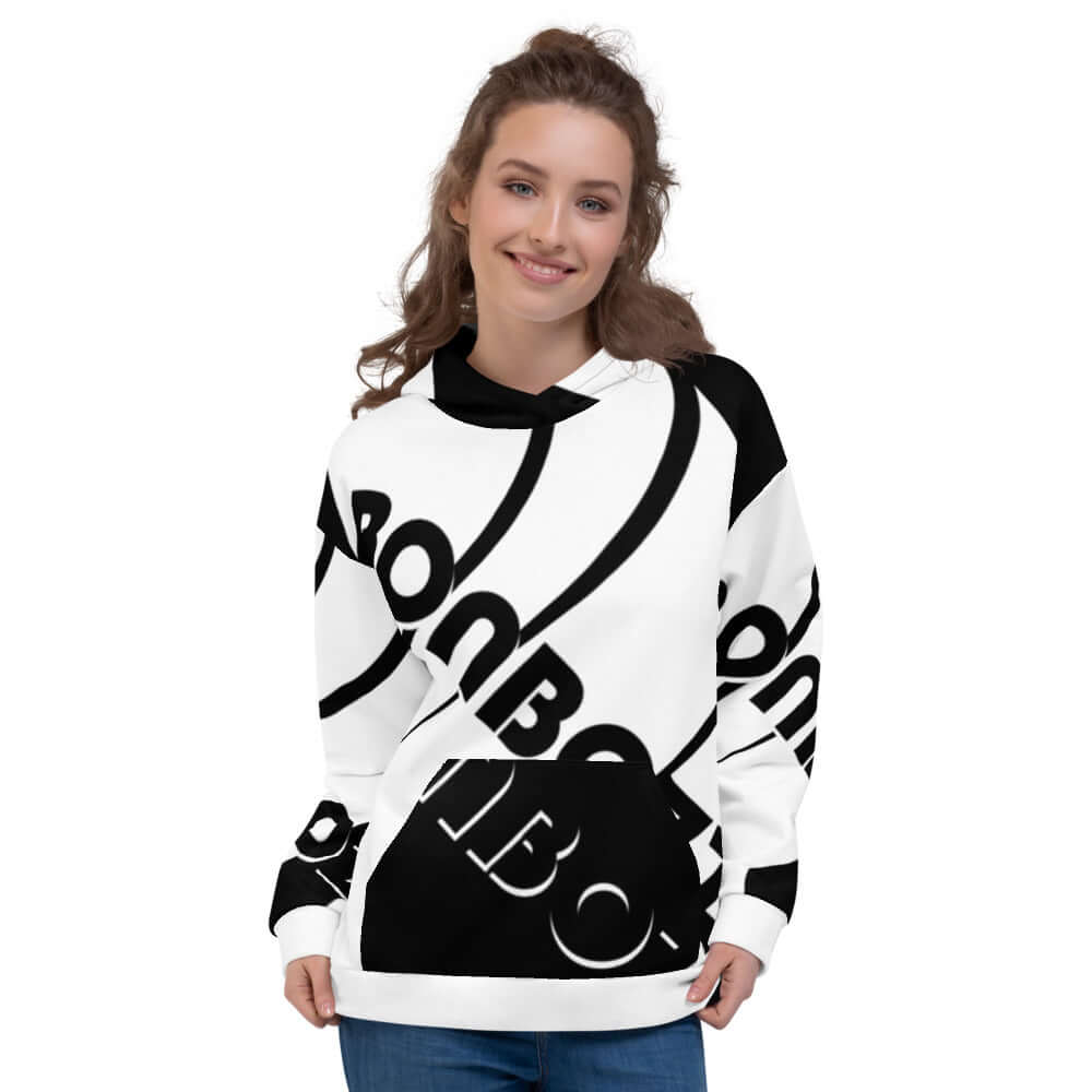 Model wearing Unisex-Kapuzenpullover N°13 with vibrant print, showcasing its relaxed fit and soft, brushed fleece interior.
