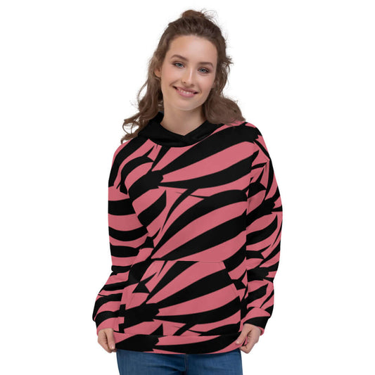 Woman wearing Unisex-Kapuzenpullover N°17, featuring vibrant print and cozy brushed fleece interior; ideal for cool evenings.