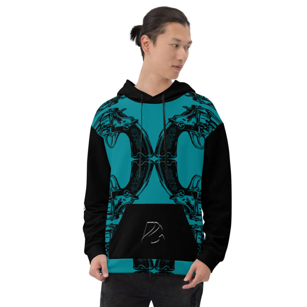 Unisex-Kapuzenpullover N°20 with vibrant print, worn by model. Soft exterior, brushed fleece interior for cozy evenings.