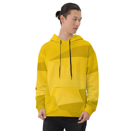 Unisex-Kapuzenpullover N°25 in vibrant yellow with geometric print, perfect for cozy evenings, featuring a soft polyester-cotton blend.