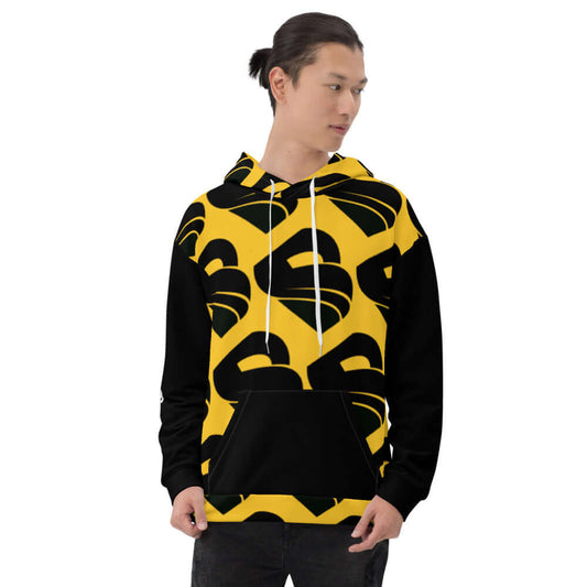 Unisex-Kapuzenpullover N°30 in black and yellow bold print, worn by model
