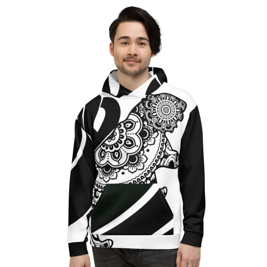 Model wearing Unisex-Kapuzenpullover N°31 with intricate black and white design.
