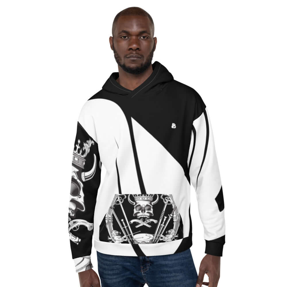 Person wearing Unisex-Kapuzenpullover N°34 with a bold black and white skull pattern, showcasing unique streetwear style.