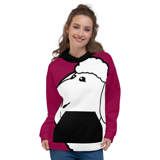Smiling person wearing Unisex-Kapuzenpullover N°38 with vibrant print and soft interior, displaying relaxed fit ideal for cool evenings.