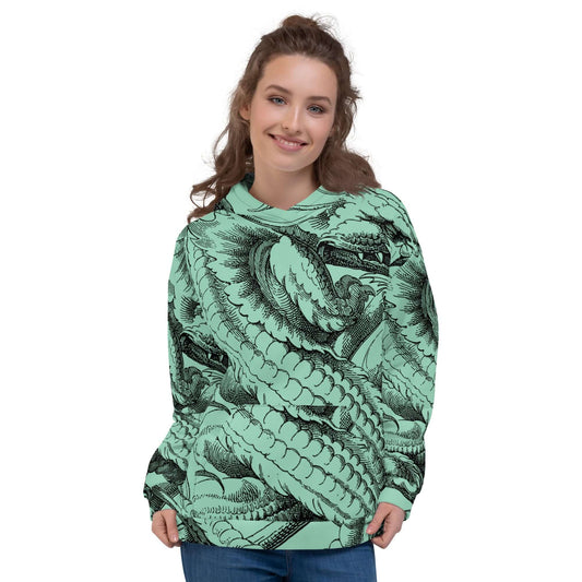 Person wearing Unisex-Kapuzenpullover N°47 with vibrant print and soft texture