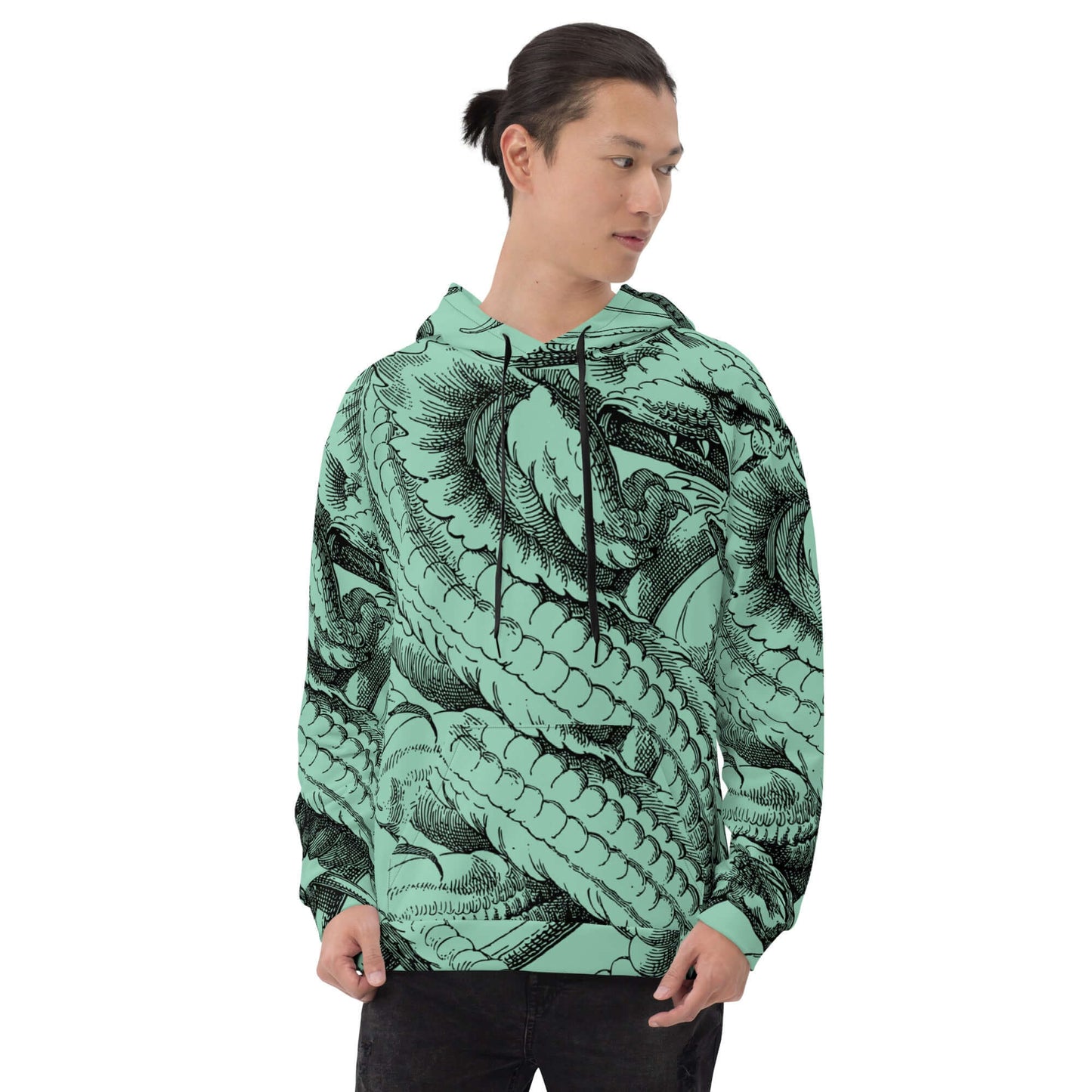 Unisex-Kapuzenpullover N°47 with vibrant print, soft exterior and brushed fleece interior, worn by a model.