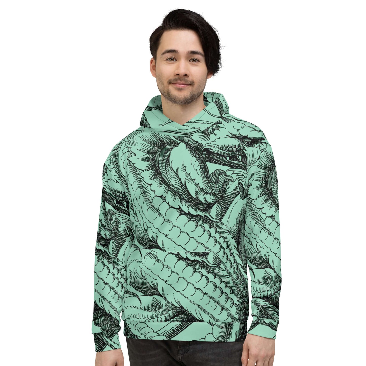 Person wearing Unisex-Kapuzenpullover N°47 with vibrant dragon print, featuring soft fabric and relaxed fit for cozy comfort.
