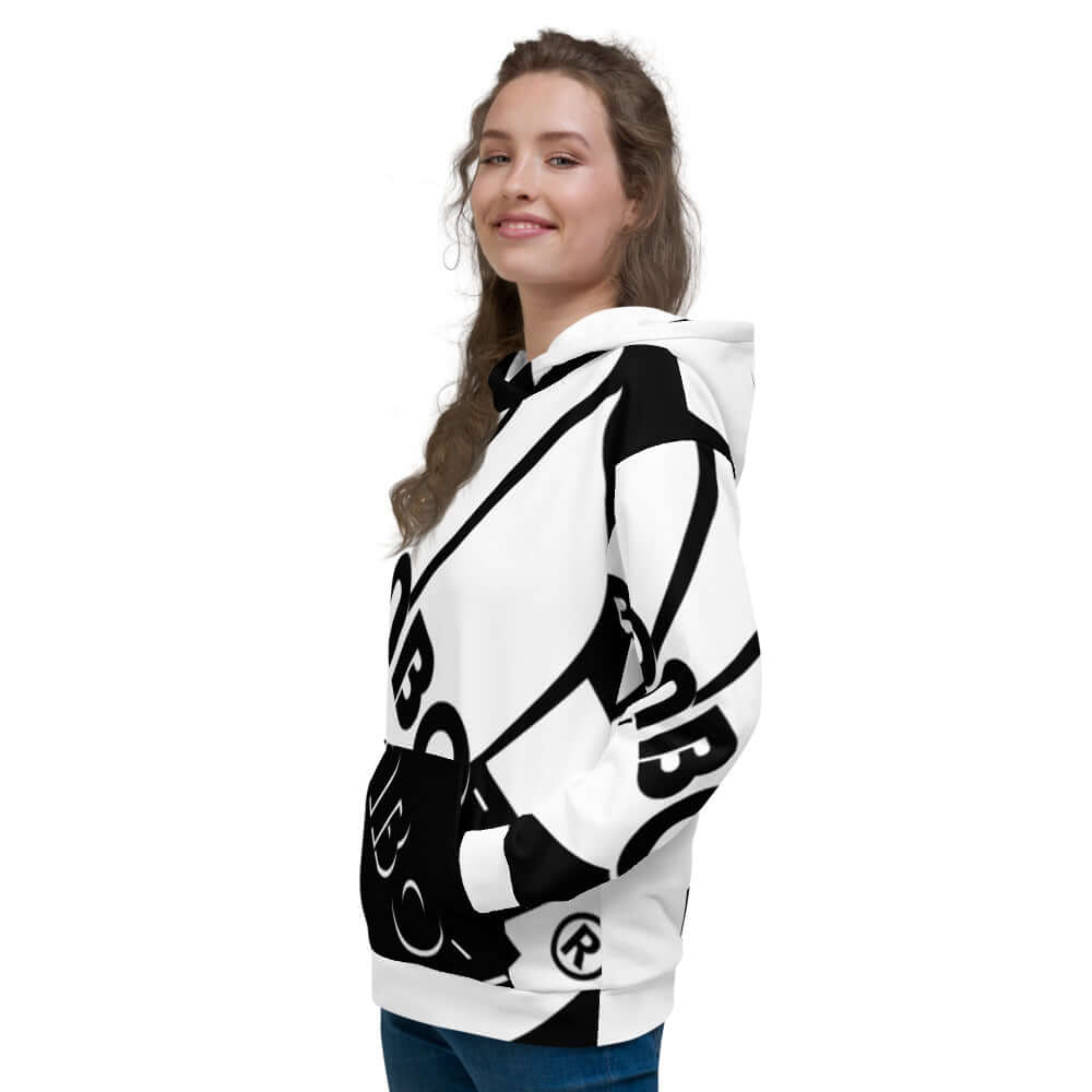 Woman wearing Unisex-Kapuzenpullover N°13 with bold black and white print
