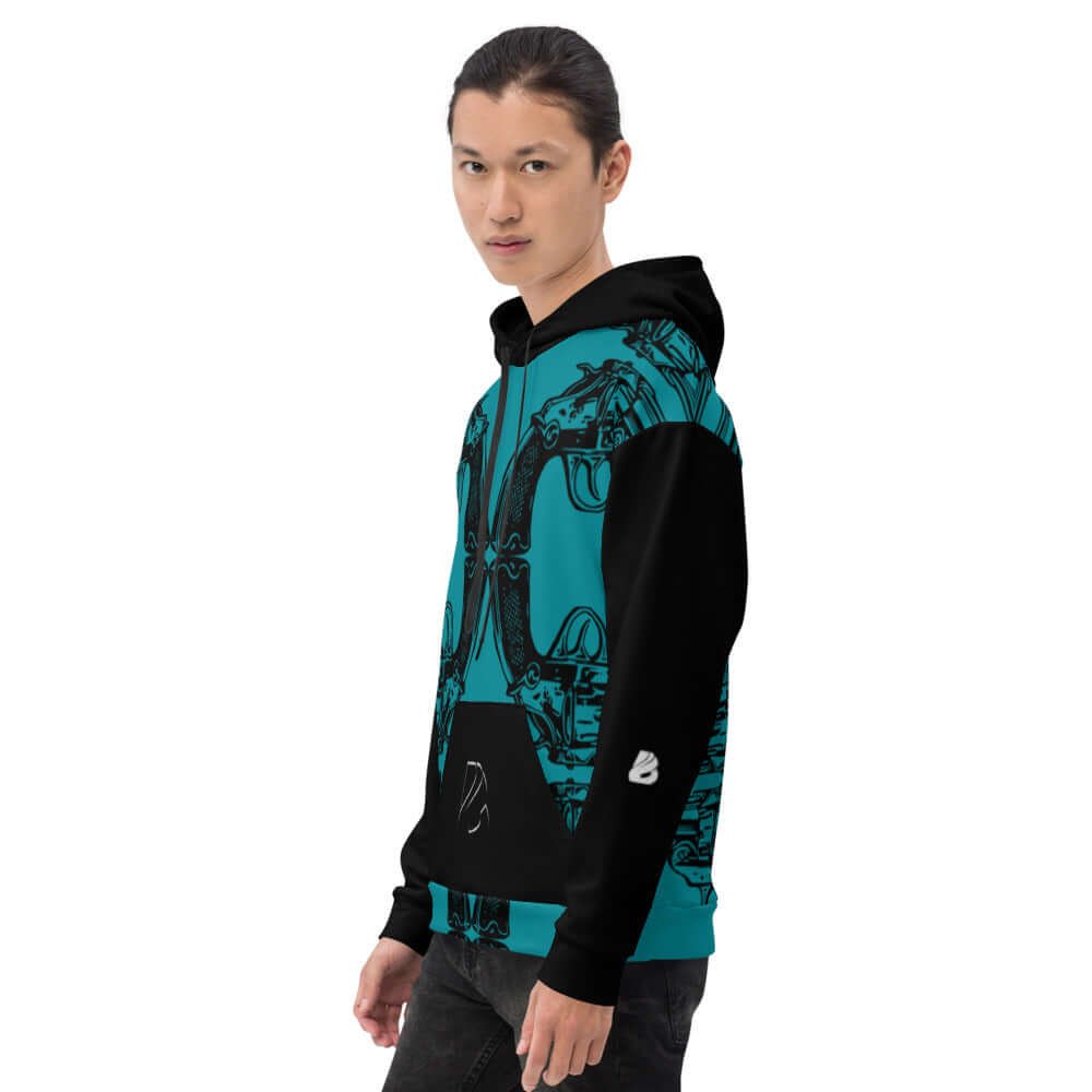 Person wearing Unisex-Kapuzenpullover N°20 with vibrant design, featuring soft exterior and brushed fleece interior, offering comfort and style.