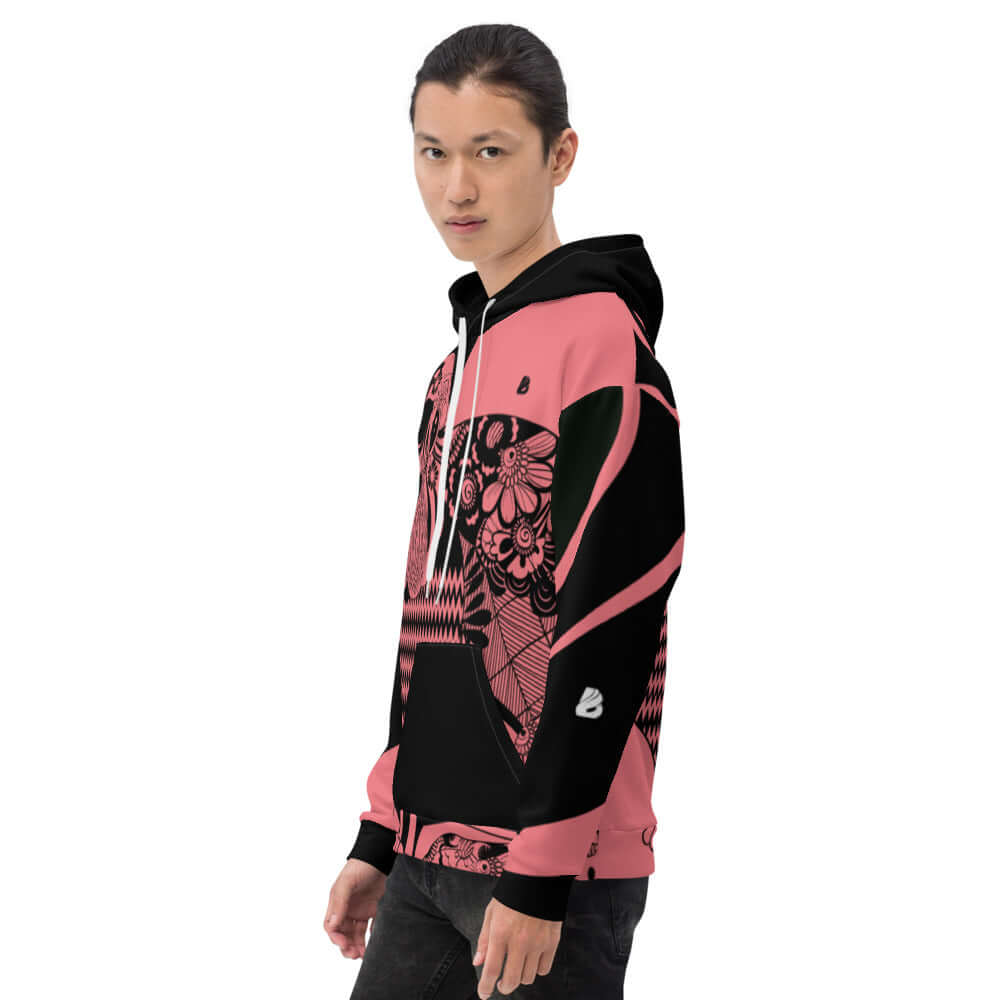 Man wearing Unisex-Kapuzenpullover N°33 with vibrant design and soft fabric.