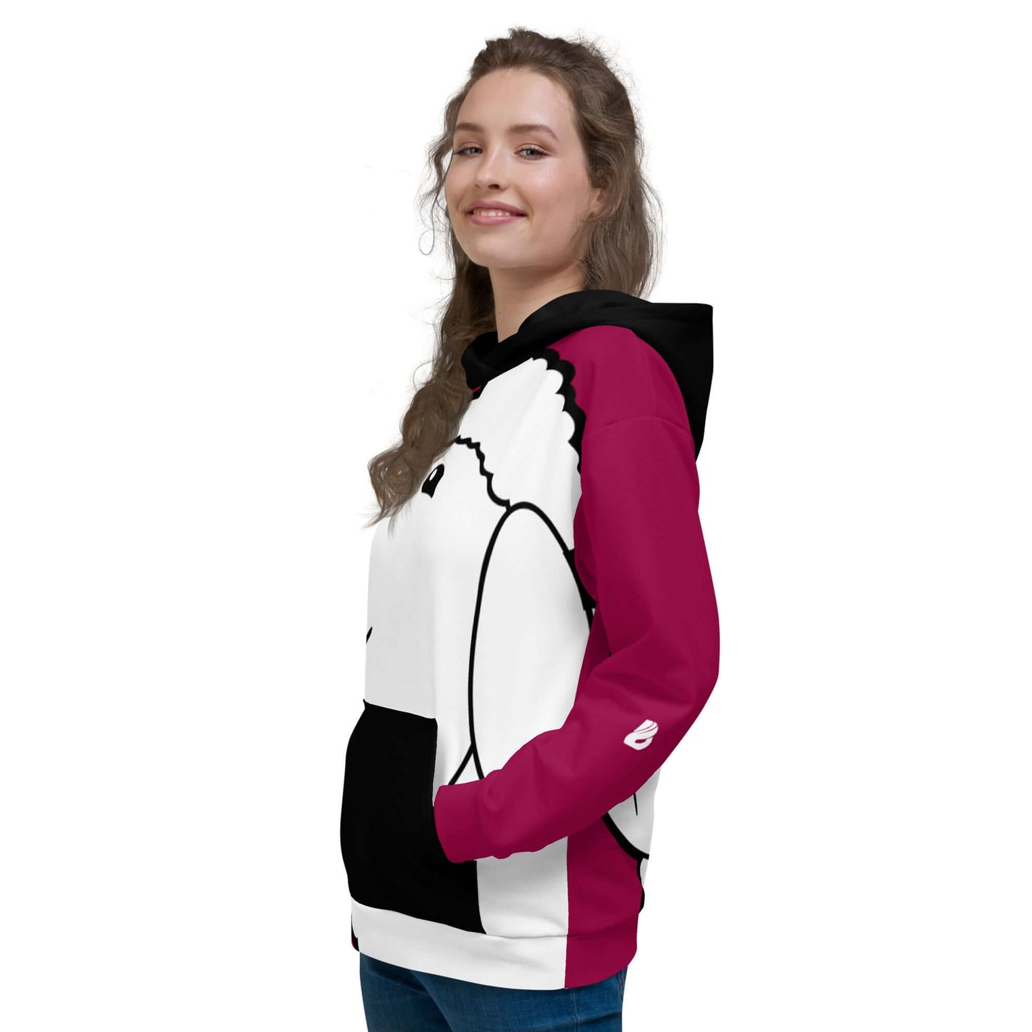 Unisex-Kapuzenpullover N°38, model wearing a soft hoodie with vibrant print and brushed fleece, comfortable for cold evenings.