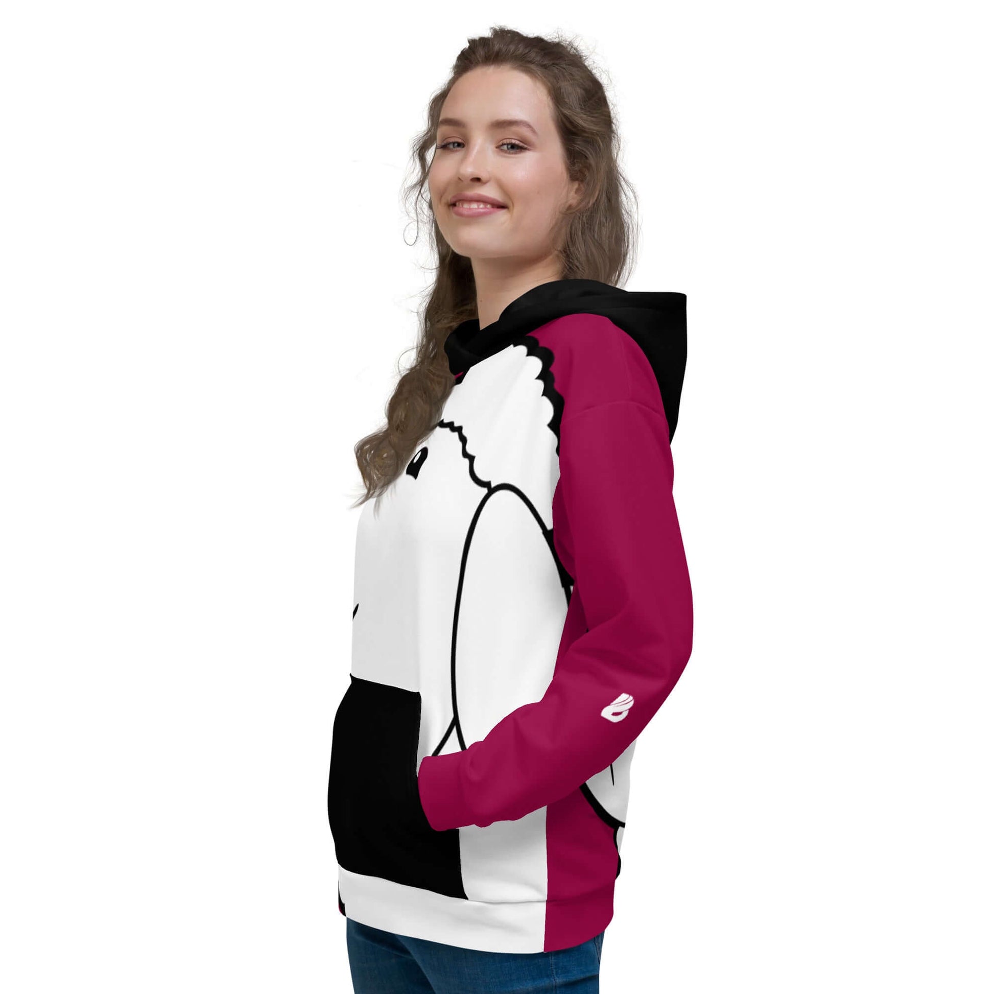 Unisex-Kapuzenpullover N°38, model wearing a soft hoodie with vibrant print and brushed fleece, comfortable for cold evenings.